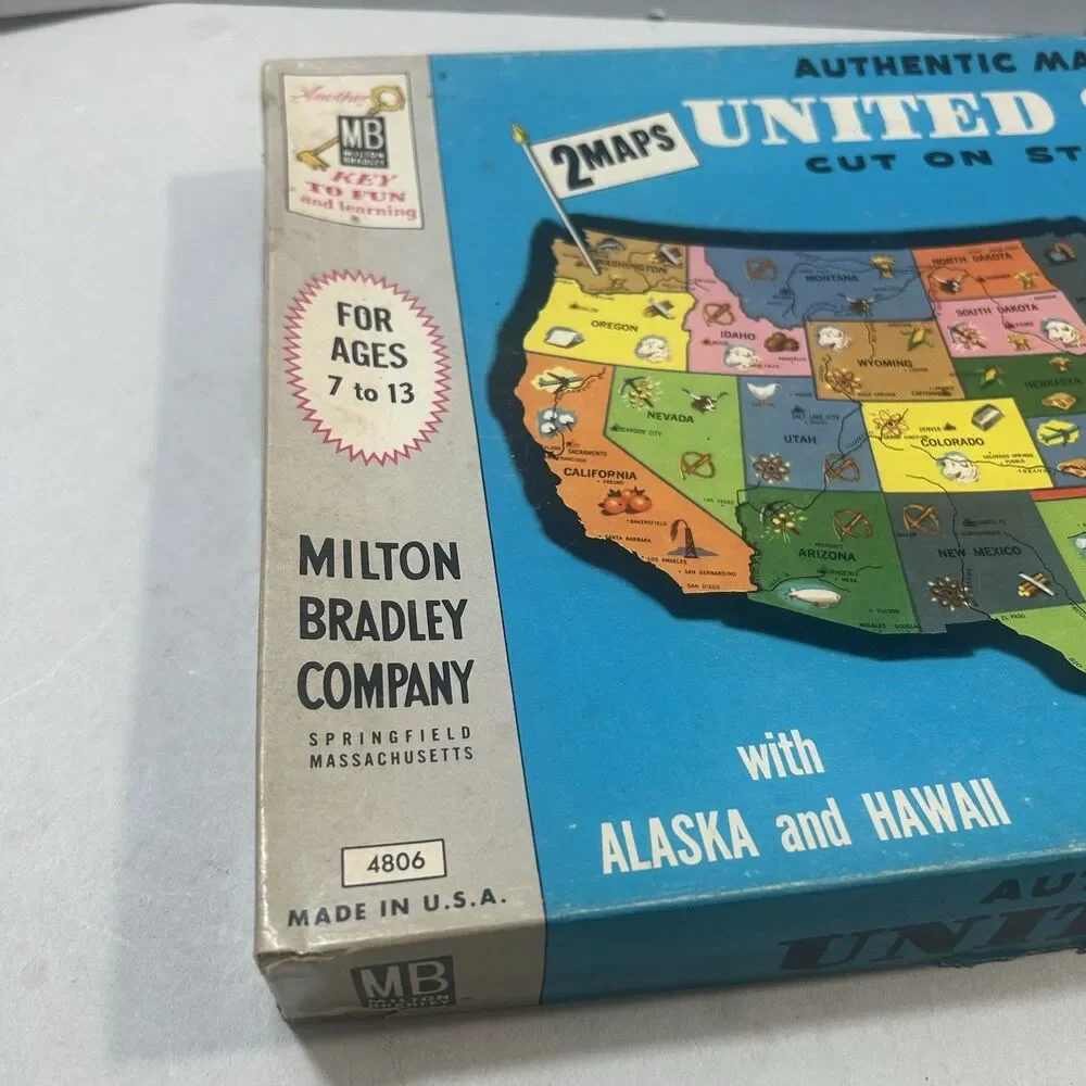 VTG Milton Bradley United States Authentic Map Puzzle 1961 Hawaii Alaska 2-Sided